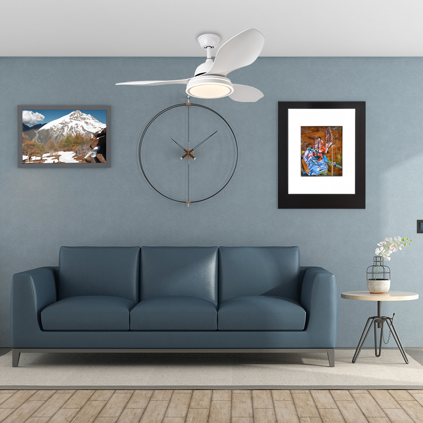 ventilador de techo LED, motor silencioso, 3 velocidades, luz regulable, ideal para climatización y decoración en espacios interiores.