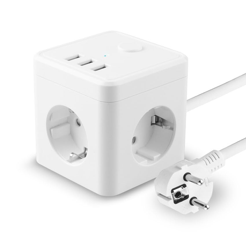 pOWERCUBE 10A: Multiplicador de energía con 3 tomas de corriente y 3 puertos USB. Cable de 1,5 m en elegante color blanco. Ideal para tus dispositivos electrónicos.