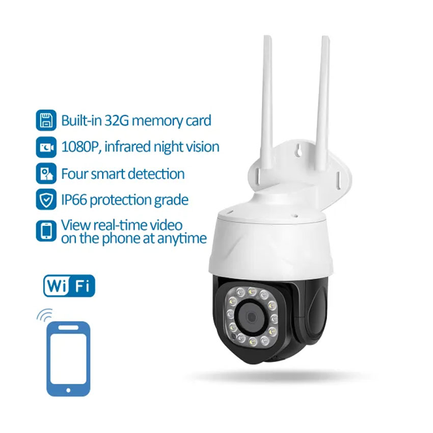cámara PTZ Wi-Fi resistente al agua con control remoto, visión nocturna y seguimiento automático; ideal para seguridad y monitoreo.