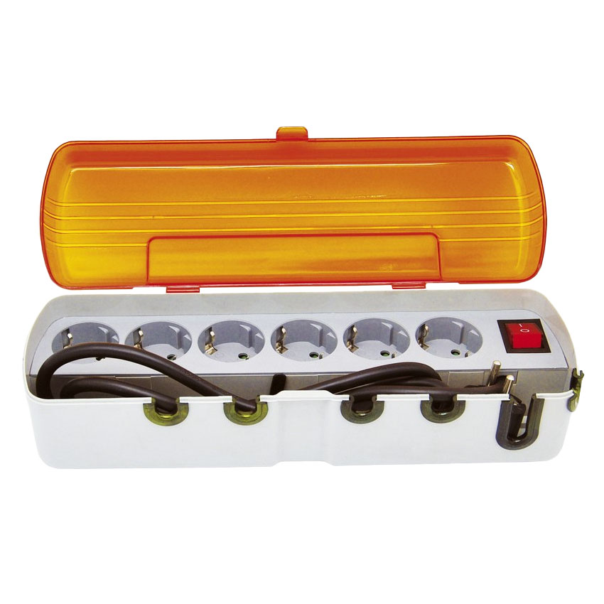 multiplicador de 6 tomas, tapa antipolvo, cable incluido, interruptor; ideal para ampliar puntos de conexión y proteger del polvo.
