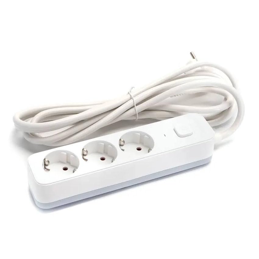 base múltiple de 3 tomas con interruptor, protección contra sobrecarga, ideal para conectar varios dispositivos en casa o la oficina.