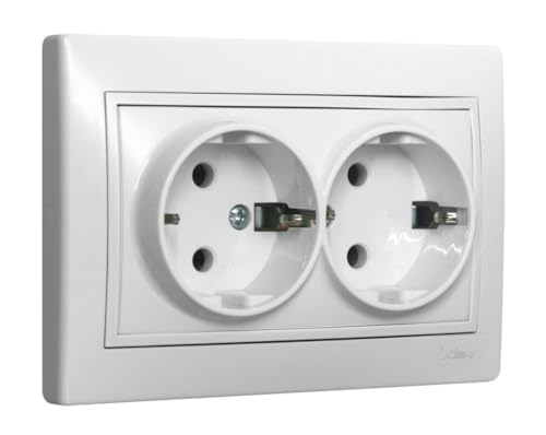 base doble Schuko 2P+T blanca, serie Europa, con conexión segura para alimentación eléctrica en espacios domésticos y profesionales.