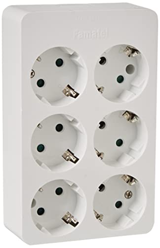 base bipolar rectangular de 6 tomas T/TL 10/16A 250V en color blanco, ideal para conectar múltiples dispositivos eléctricos.