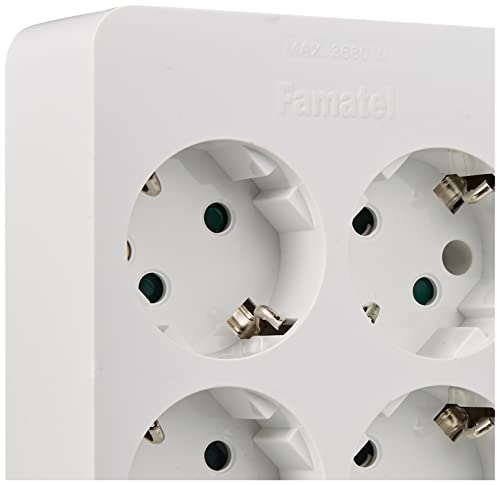 base bipolar rectangular de 6 tomas T/TL 10/16A 250V en color blanco, ideal para conectar múltiples dispositivos eléctricos.