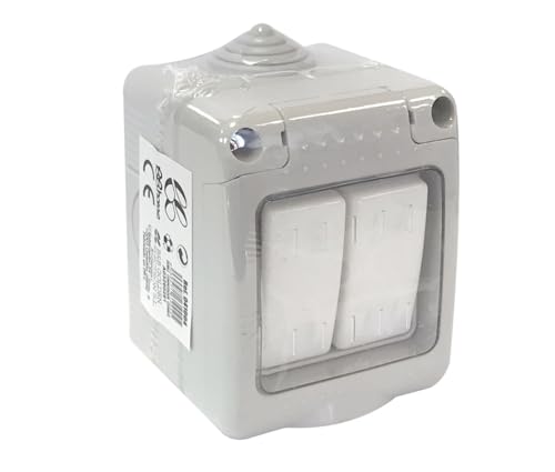 doble conmutador estanco IP55, 10A, 250V, ideal para instalaciones eléctricas en exteriores y ambientes húmedos.