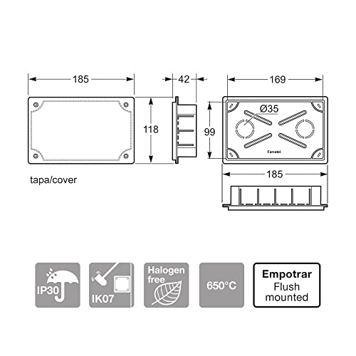 caja empotrada con tapa, tornillos incluidos, dimensiones 170x100mm, ideal para instalaciones eléctricas y conectores.